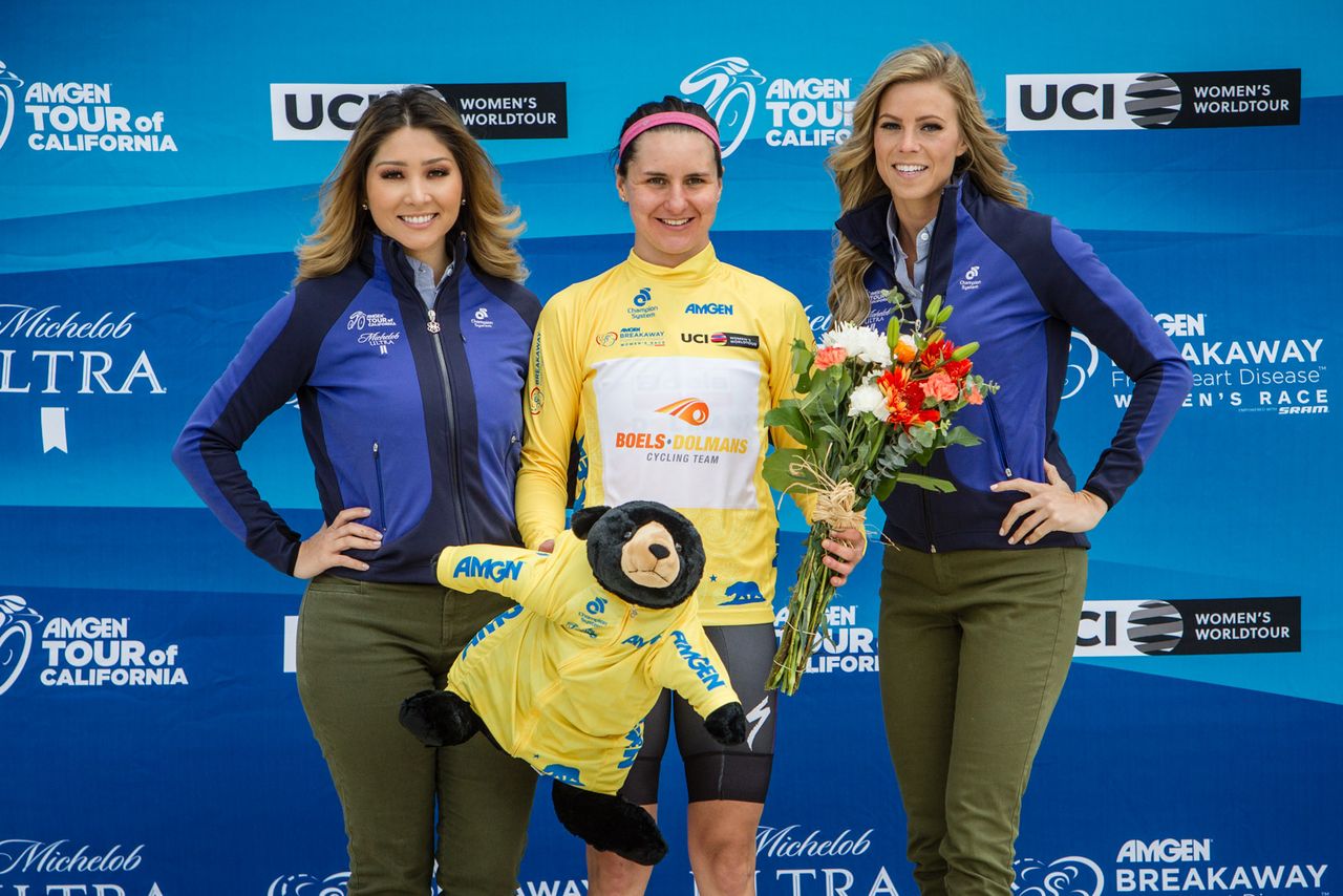Megan Guarnier (Boels Dolmans) holds onto the yellow jersey after stage 2