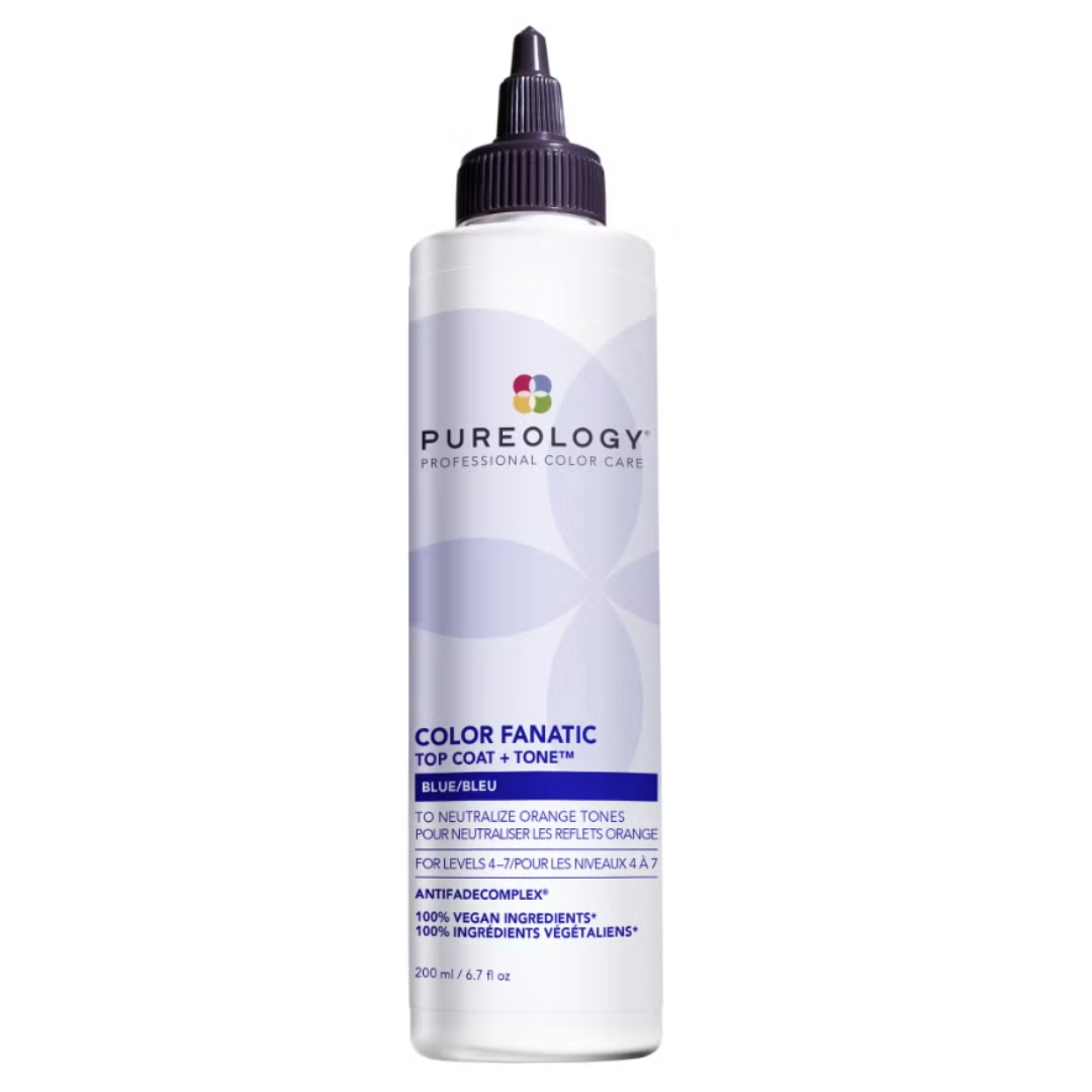 A product shot of the Pureology Color Fanatic Top Coat + Tone Blue, on a white background