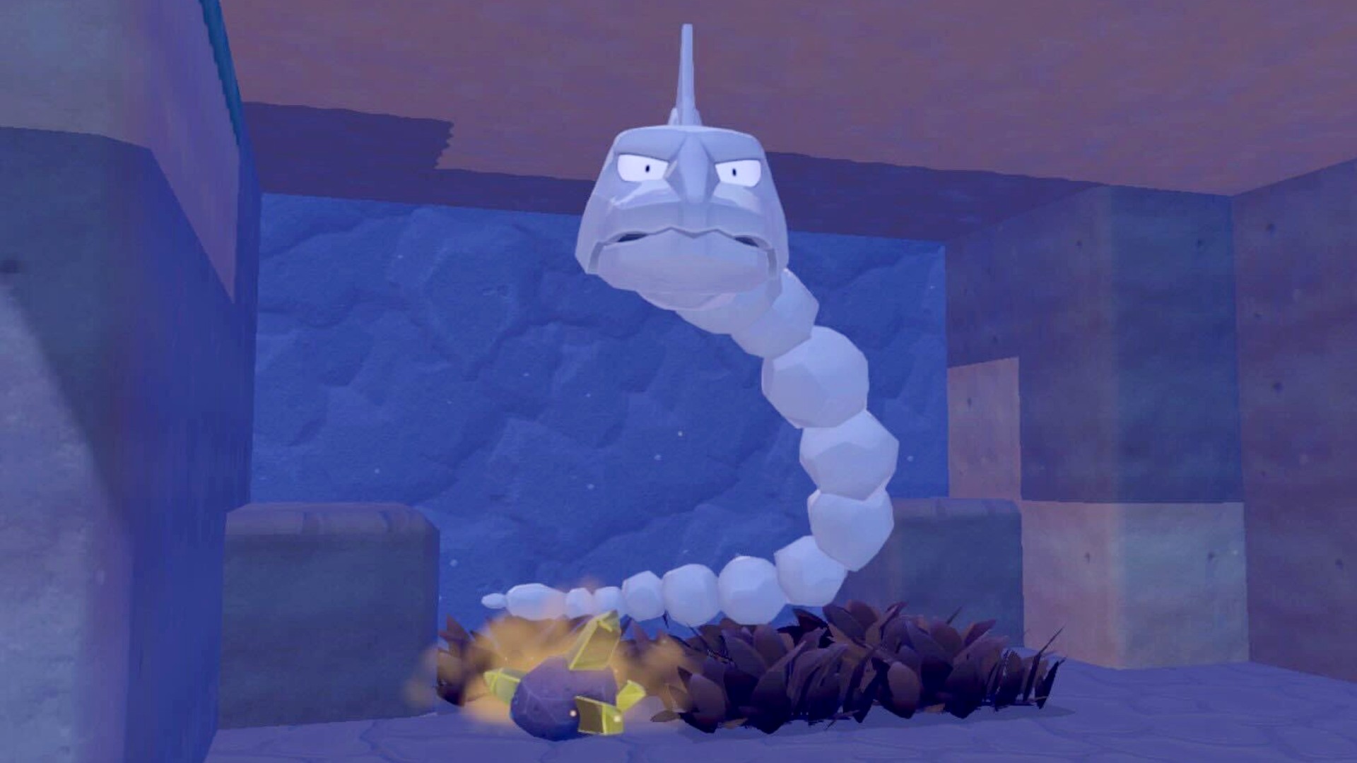 An Onix looms over a Smooth Rock, required for making the humidity drier in Pokemon Pokopia