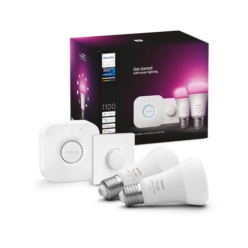 Philips Hue New White and Colour Ambiance Smart Light Bulb Starter Kit, 75w - 1100 Lumen [e27 Edison Screw] 2 Bulbs + Smart Button. With Bluetooth. Works With Alexa, Google Assistant and Apple Homekit