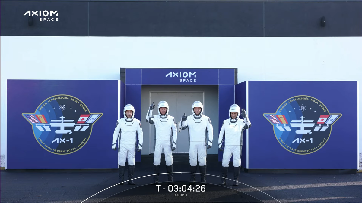 The astronauts of the Ax-1 mission walk out for their flight on April 8, 2022.