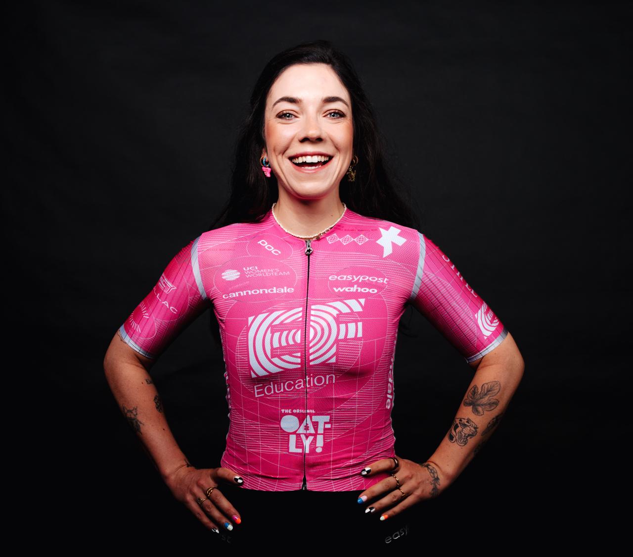 Axelle Dubau-Prévot poses in her EF Education-Oatly kit