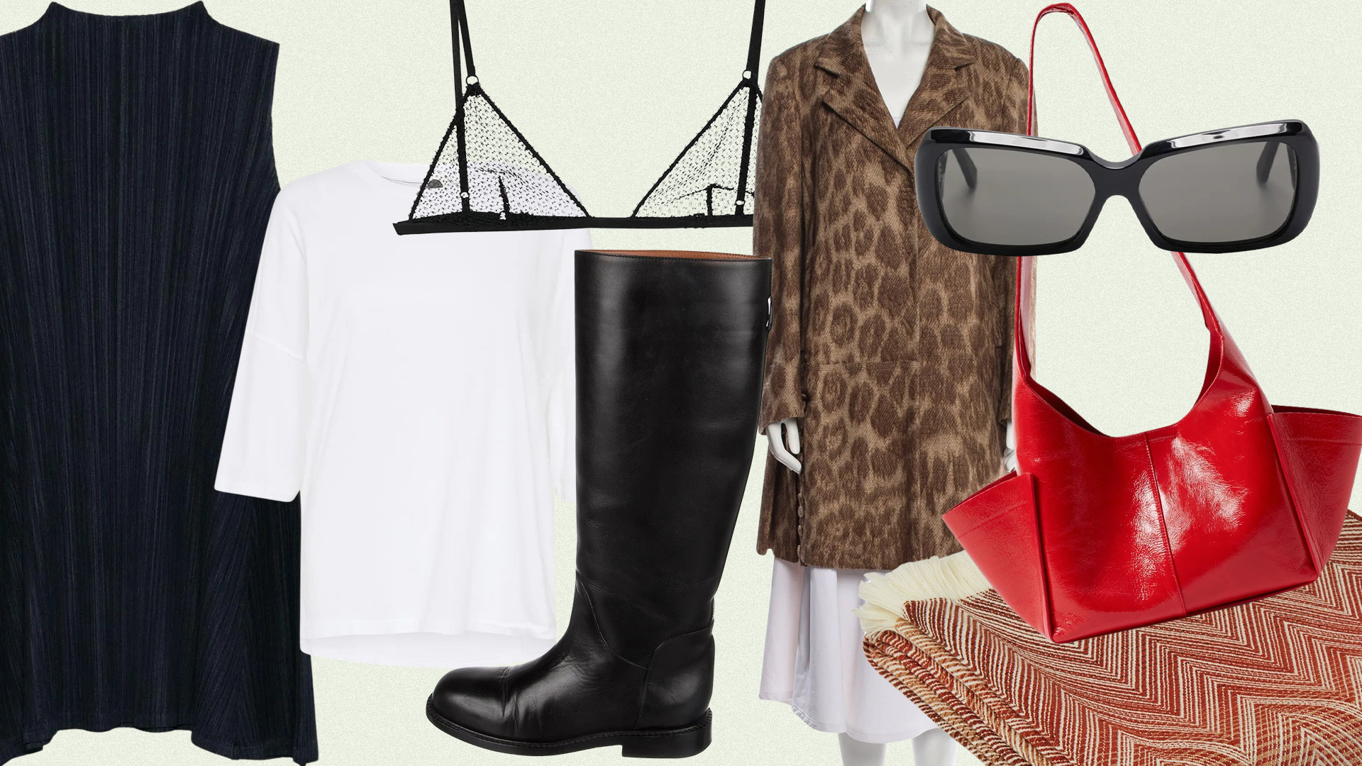 Collage of Issey Miyake, Bassike, Kiki de Montparnasse, Ann Demeulemeester, Prada, Phoebe Philo, Rachel Comey, and Missoni clothing and accessories..