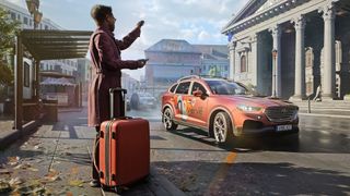 RIdeshare Stimulator screen - dude with a suitcase hailing a car