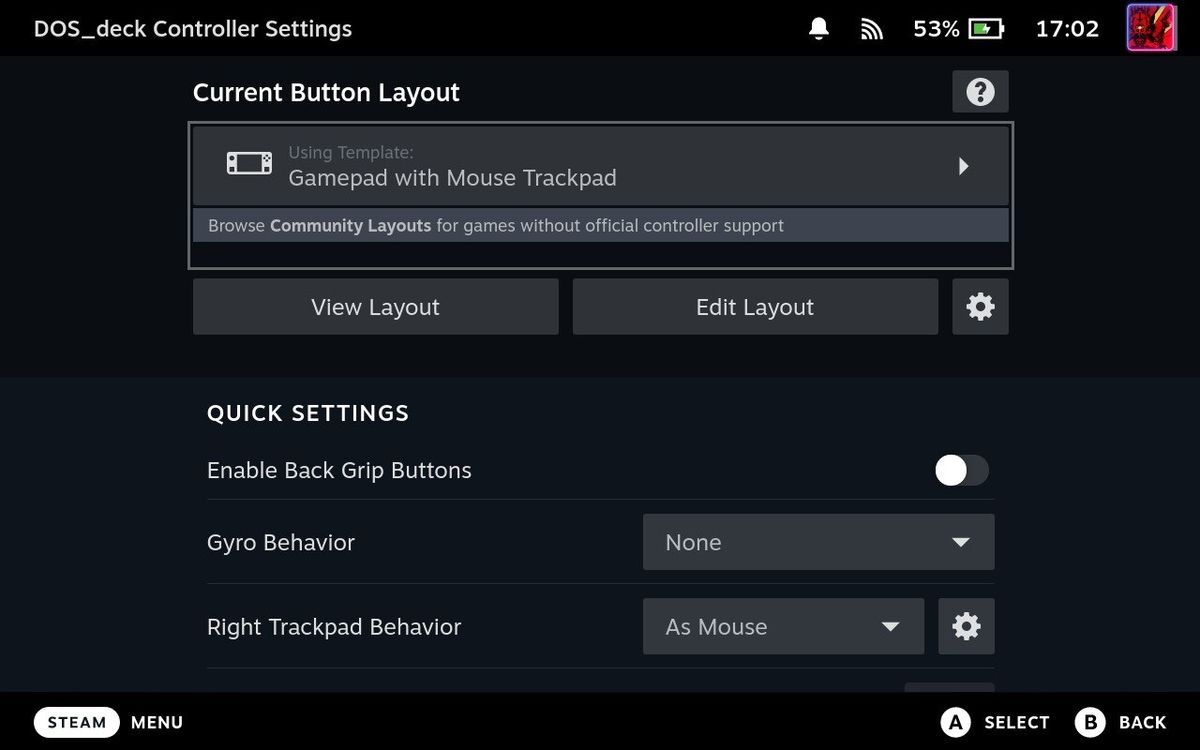 Screenshots of setting the correct Gamepad Profile for DOS_deck in Steam Deck Gaming Mode.