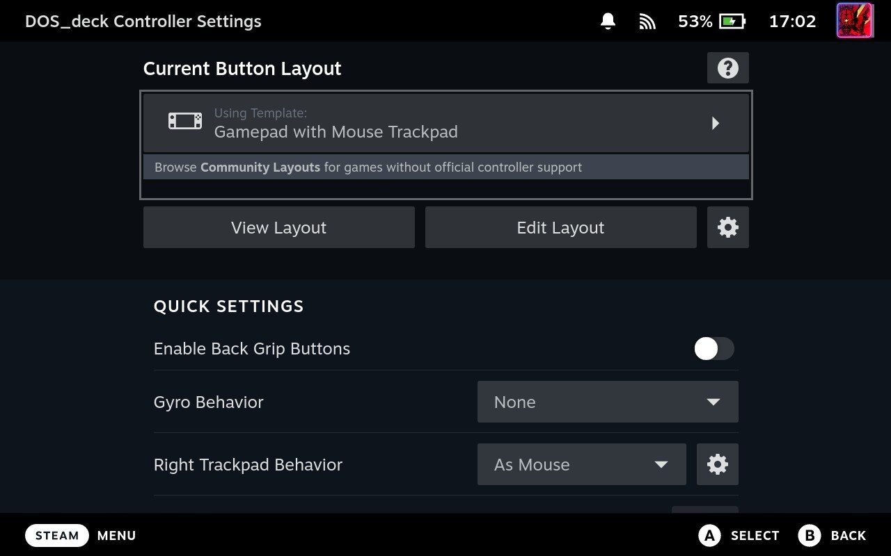 Screenshots of setting the correct Gamepad Profile for DOS_deck in Steam Deck Gaming Mode.