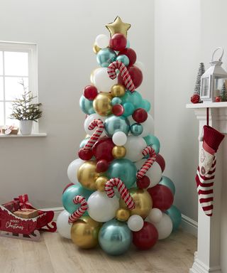 Novelty Candy Cane Balloon Christmas Tree in living room