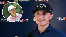 Main image of Blades Brown at the Myrtle Beach Classic during a press conference and inset photo of Jordan Spieth at the 2024 Wells Fargo Championship