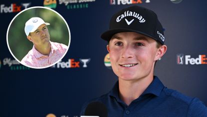 Main image of Blades Brown at the Myrtle Beach Classic during a press conference and inset photo of Jordan Spieth at the 2024 Wells Fargo Championship