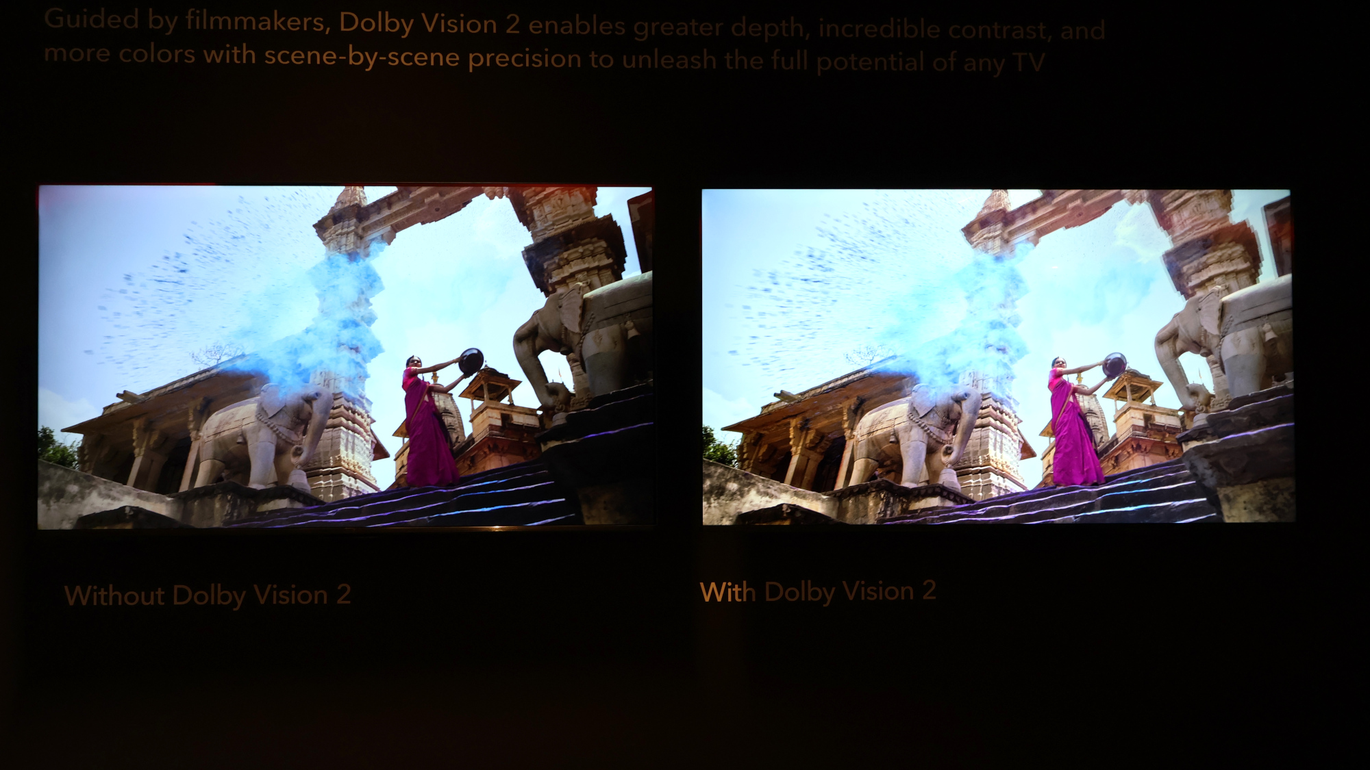 A TV with regular Dolby Vision (on left) compared to a TV with Dolby Vision 2 (on right).