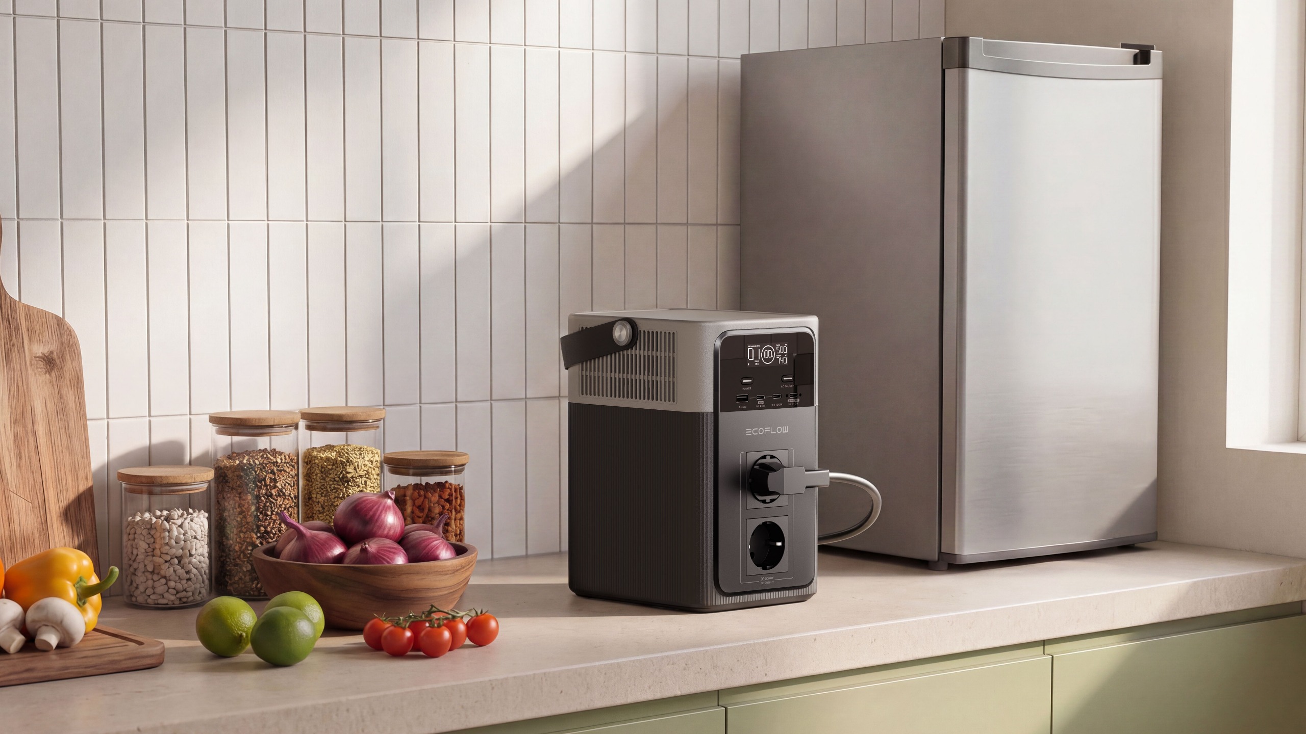 EcoFlow portable power station powering a mini-fridge on a home kitchen counter.