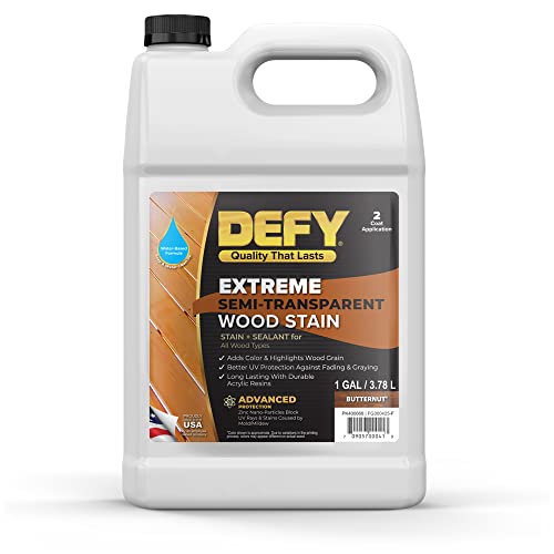 Defy Extreme Wood Stain and Sealer in One - 1 Gallon Semi-Transparent Waterproof Coating for All Wood Types - Butternut