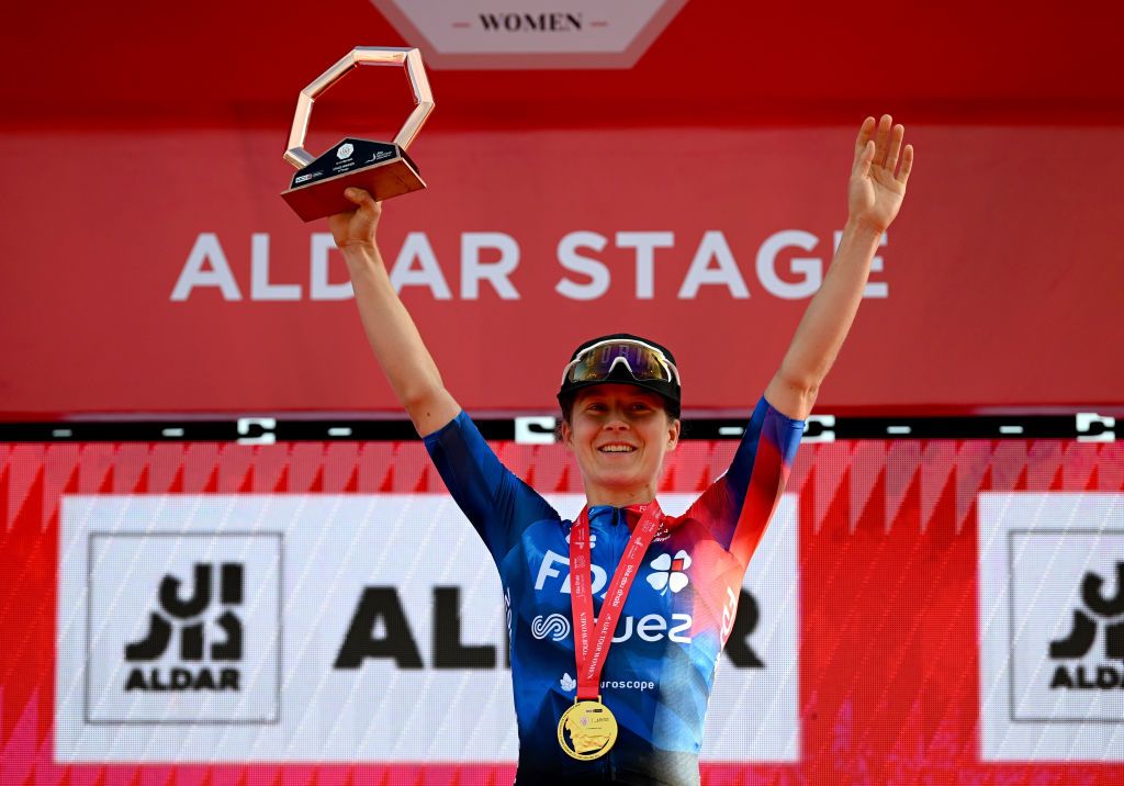Amber Kraak (FDJ Suez) celebrates at podium as stage 4 winner