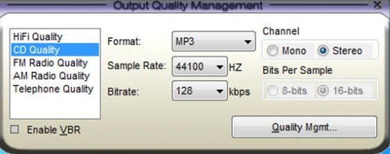 The output quality management tab within Platinum lets you set various quality levels for your recording.