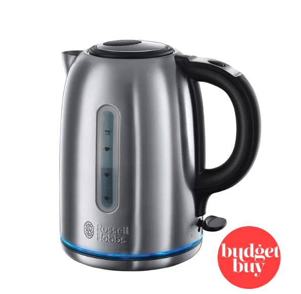 A silver Russell Hobbs kettle on a white background