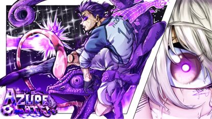 A player kicks the ball as a purple lizard looks on in Azure Latch on Roblox.