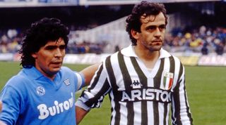 Diego Maradona and Michel Platiini poses before a Napoli-Juventus match in the 1986/87 season.