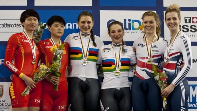 China's Tianshi Zhong (2-L) and Junhong Lin (1-L), silver; Germany's Miriam Welte (2-C) and Kristina Vogel (1-C), gold; and Great Britain's Jessica Varnish (1-R) and Rebecca James (2-R), bronze; pose on the winner's podium of the Women's Team Sprint
