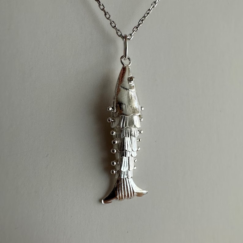 AcropolisDesign, Little Gold Fish Necklace, 3d Fish Charm, 925k Sterling Silver Pisces Symbol Pendant, Articulated Fish Necklace, Minimal Animal Pendant