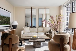 A living room with soft materials