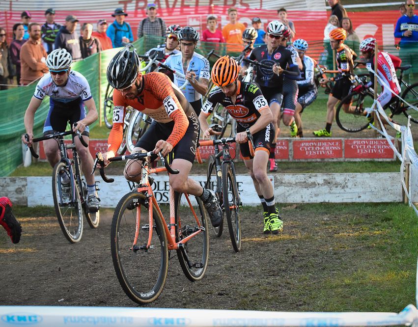 Dan Timmerman (Stan&rsquo;s NoTubes) remounting his bike after the barriers