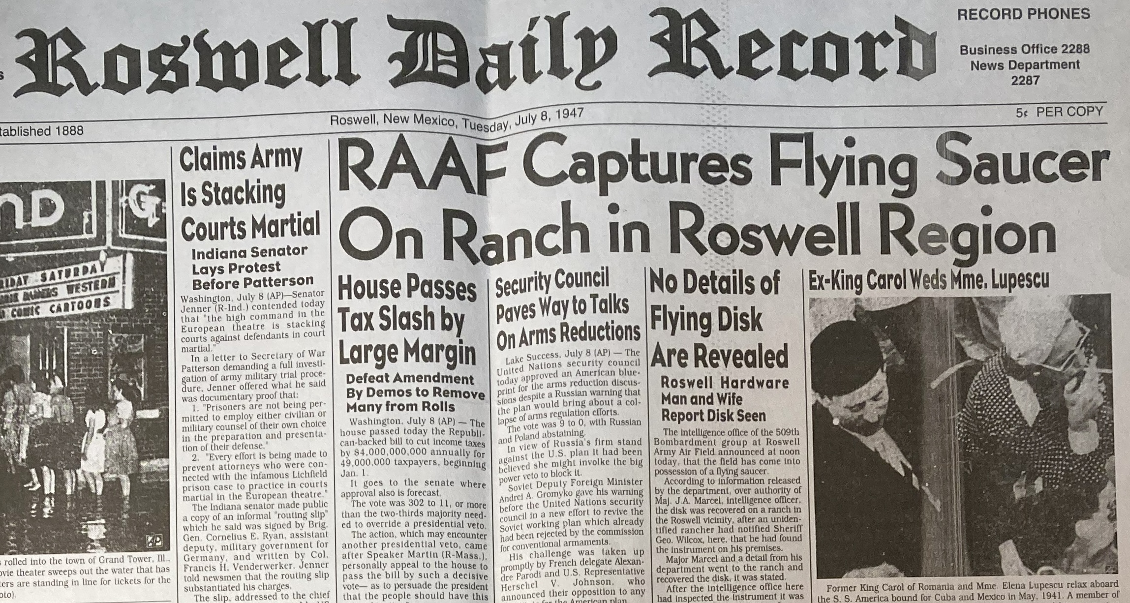 the front page of an old paper titled 'Roswell Daily Record'