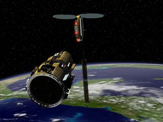 An artist's concept of the DART spacecraft as it bears down on its target satellite in orbit.