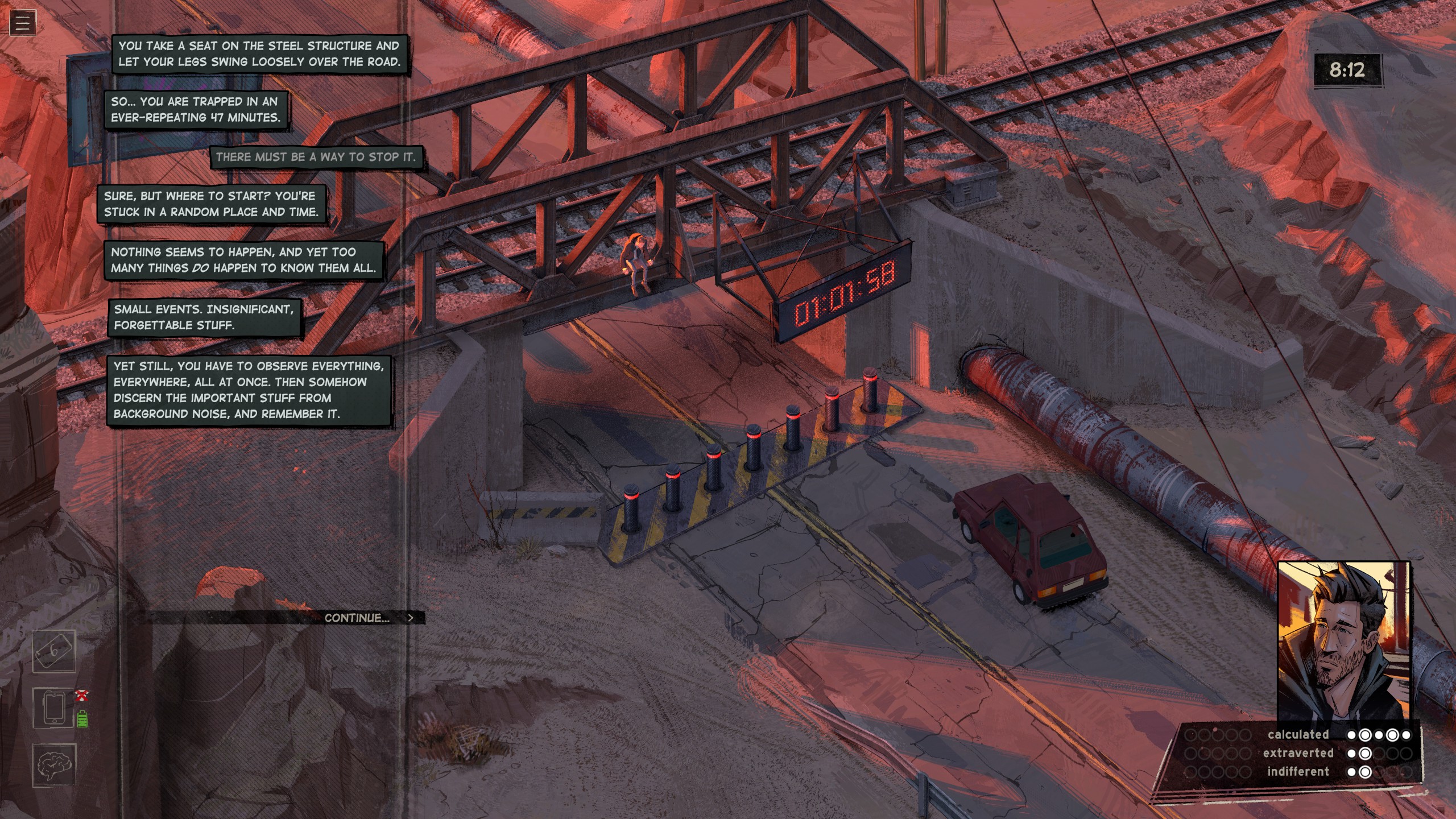 Eugene sits on a train track bridge in Rue Valley above a roadblock