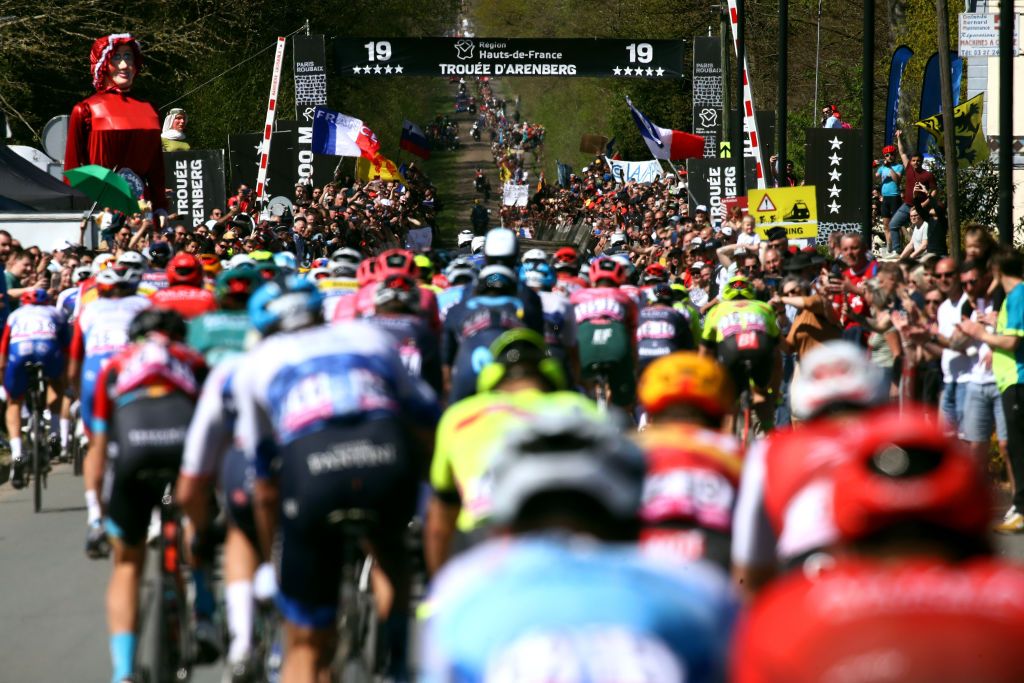 ROUBAIX FRANCE APRIL 17 A general view of the peloton competing during the 119th ParisRoubaix 2022 Mens Elite a 2572km one day race from Compigne to Roubaix ParisRoubaix WorldTour on April 17 2022 in Roubaix France Photo by Etienne Garnier PoolGetty Images