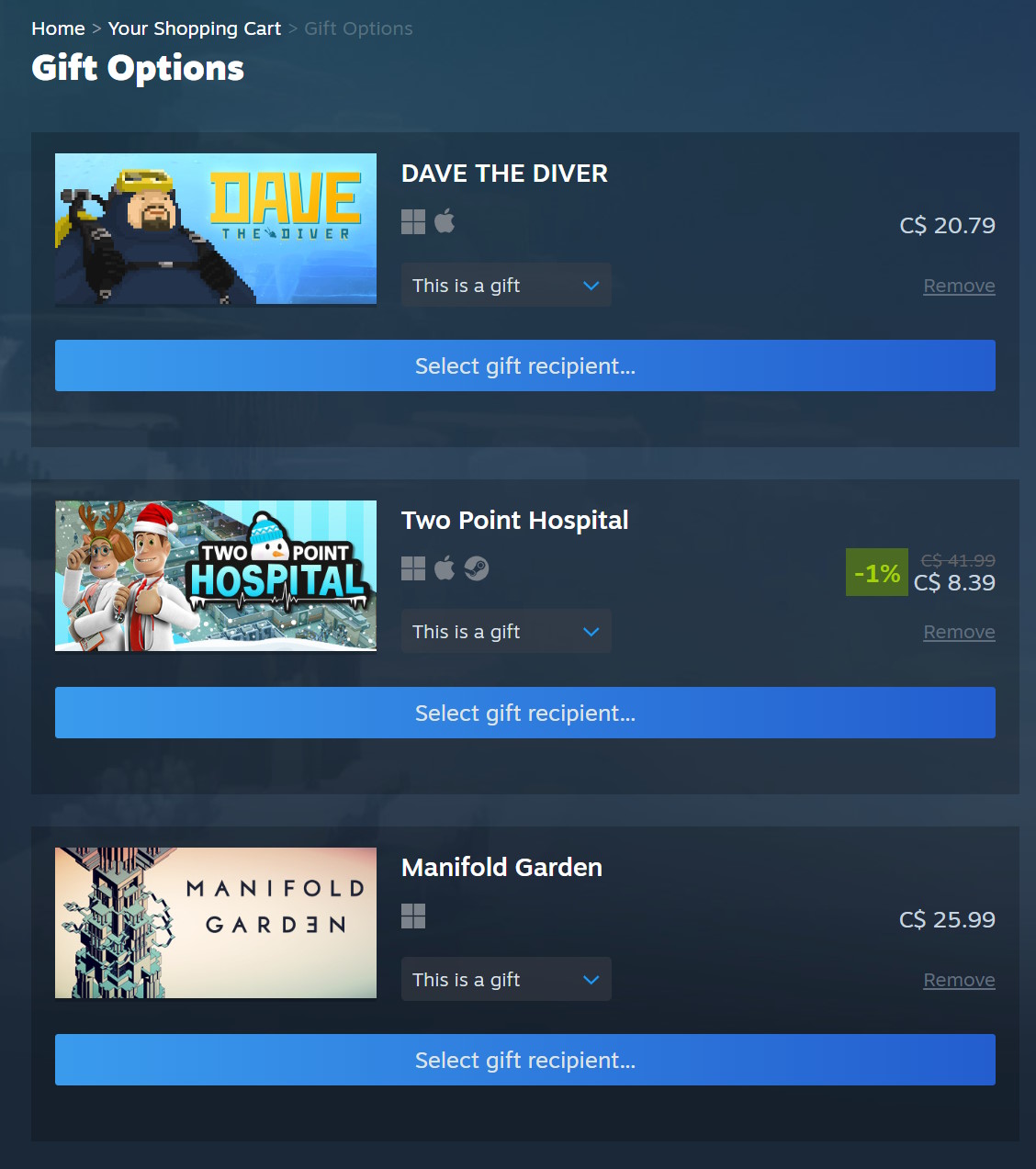 Steam's new inline gifting menu