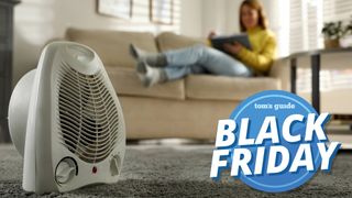 Space heater on carpet with a Black Friday tag