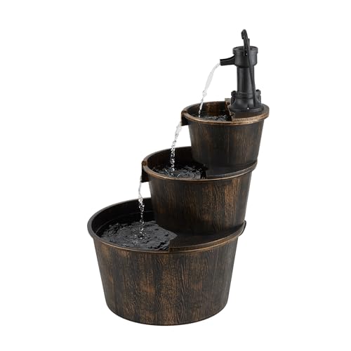 Alpine Corporation Tec234br Outdoor Floor Tiered Rustic Pump and Barrel Water Fountain, Old-Fashioned Waterfall, 40", Brown
