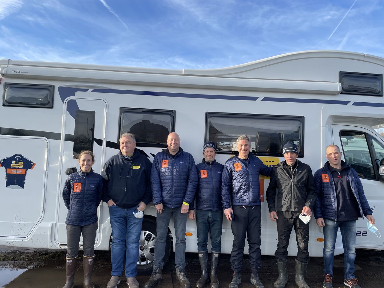 The EuroCrossAcademy staff: left to right: Andi Zolton [mechanic]; Bob De Cnodder [Sports Director]; Kristof Van Campenhout [Soigneur]; Dave Hartman [Head Mechanic]; Geoff Proctor [Director-Coach]; Roger Aspholm [Coach]; Sten Raeymakers [Support]