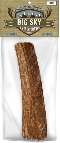 Big Sky Antler Chew, Large 
100% organic, naturally shed antler collected from the Rocky Mountains. 8 x 1 x 1.25 inches; 3.2 ounces, suitable for large breeds
Reasons to buy: Long lasting, all natural product
Reasons to avoid: May cause damage to teeth or guts if pieces are swallowed