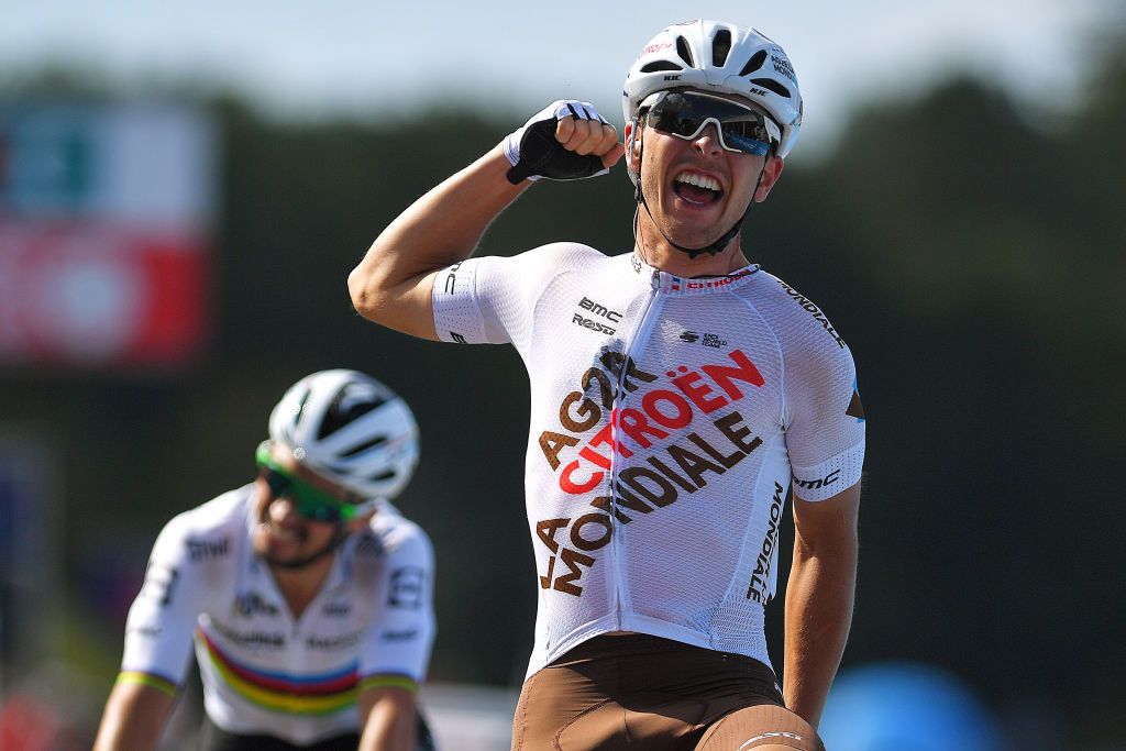 PLOUAY FRANCE AUGUST 29 Benoit Cosnefroy of France and Ag2R Citroen Team celebrates winning during the 85th Bretagne Classic OuestFrance 2021 a 251km race from Plouay to Plouay OuestFrance on August 29 2021 in Plouay France Photo by Luc ClaessenGetty Images