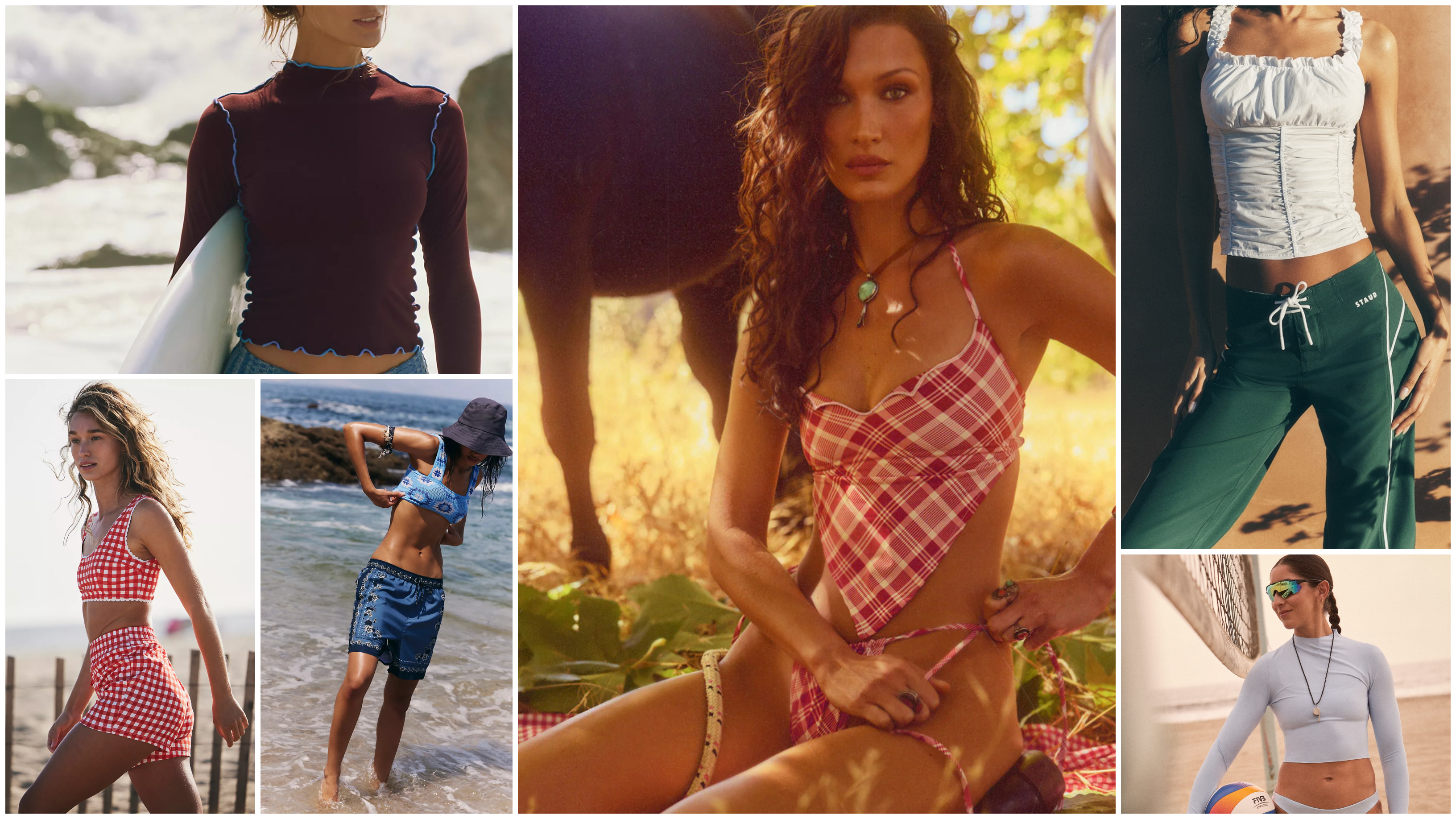a collage of women and Bella Hadid in tankinis, swim shirts, and board shorts