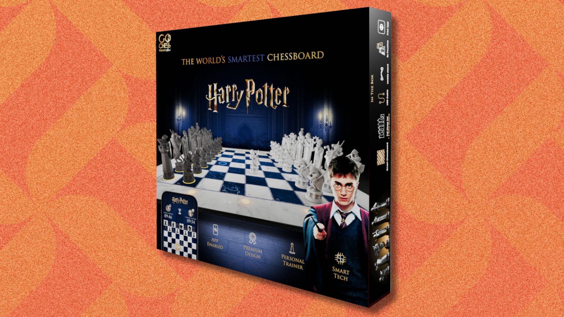 an image of the box the board comes in against an orange patterned background