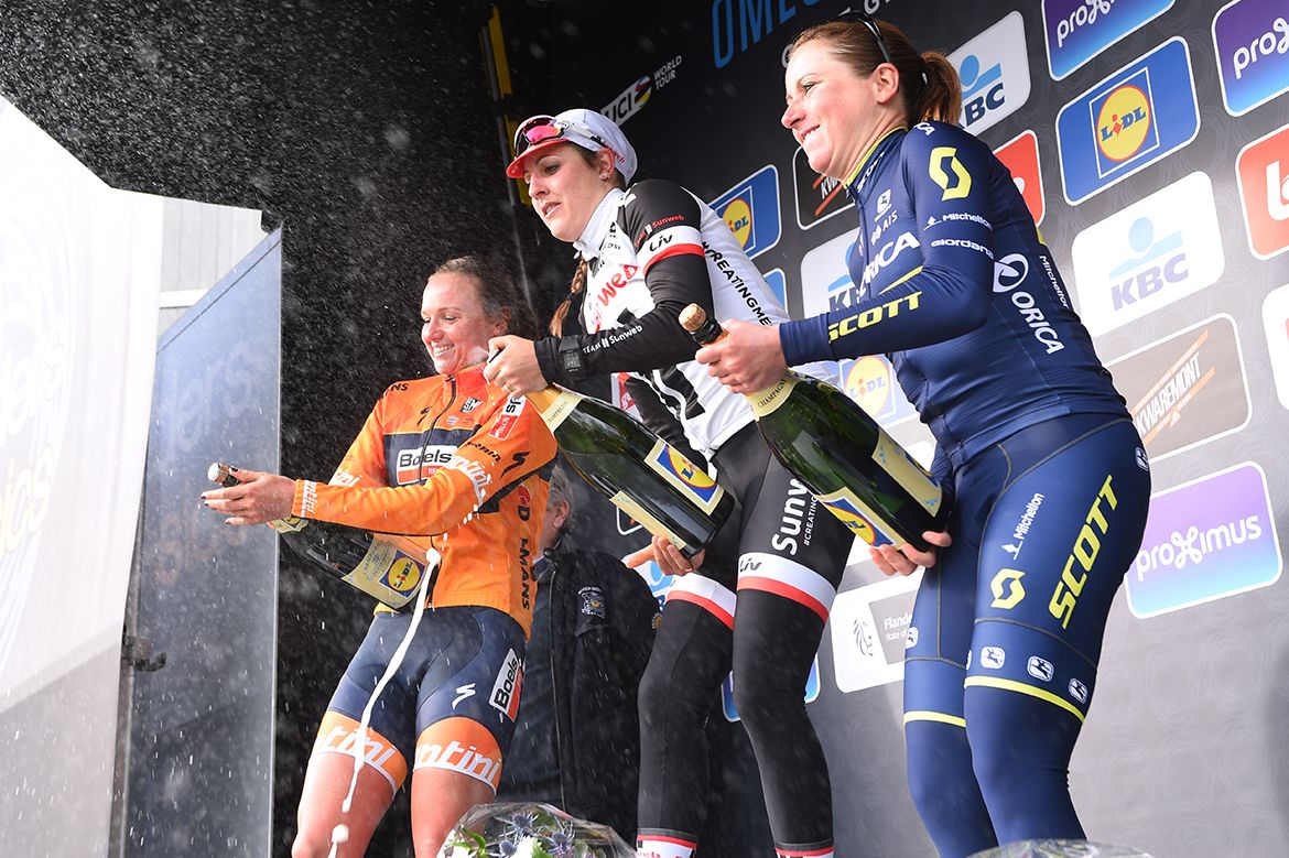 Chantal Blaak, Lucinda Brand and Annemiek van Vleuten enjoyed the podium celebration after their strong rides at the Omloop Het Nieuwsblad.