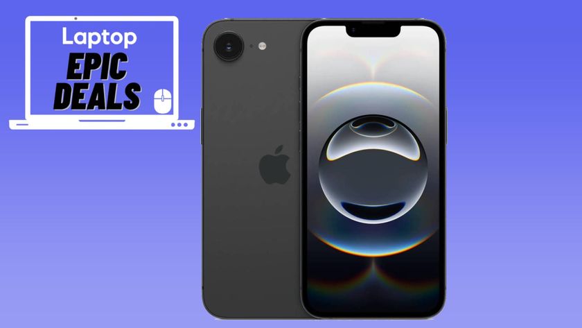 Black Apple iPhone 16e with epic deals badge against blue gradient background