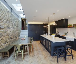 A kitchen/diner extension with a mix of different ceiling heights