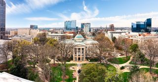 Drone panorama of the North Carolina State Capitol and Raleigh skyline