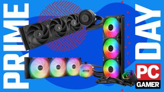 A collage of three different AIO liquid CPU coolers against a stylized blue background, with Prime Day and a PC Gamer logo on the sides