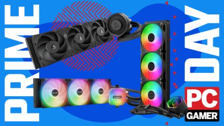 A collage of three different AIO liquid CPU coolers against a stylized blue background, with Prime Day and a PC Gamer logo on the sides