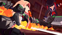 Two fighters lock weapons while a street burns in the background in a screenshot from Abyss X Zero