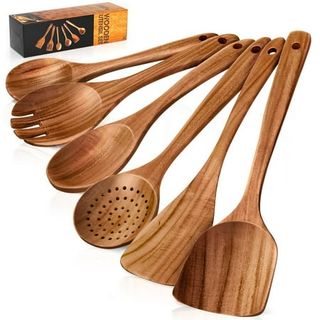 A six piece set of wooden cooking utensils