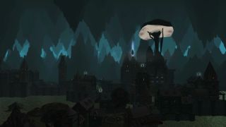 A giant mushroom grows out of an underground settlement in The Rot Below