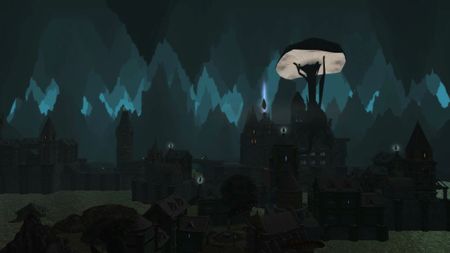 A giant mushroom grows out of an underground settlement in The Rot Below