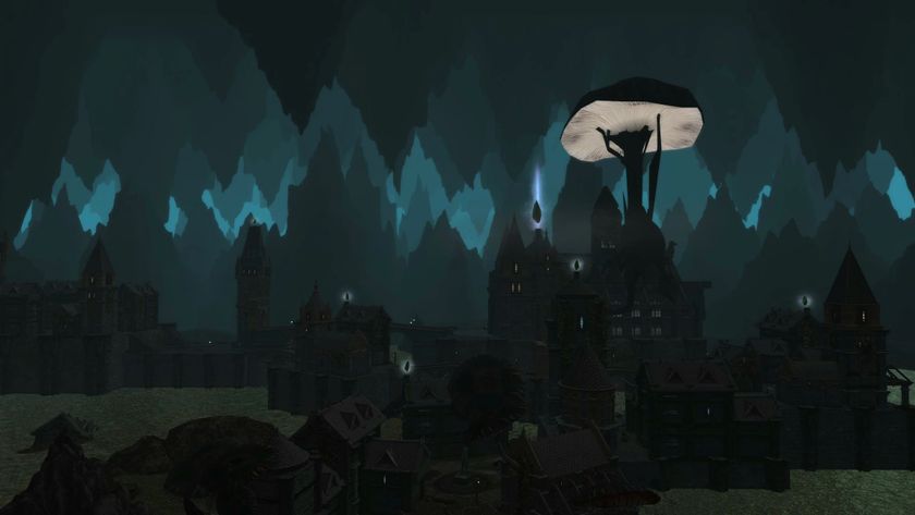 A giant mushroom grows out of an underground settlement in The Rot Below