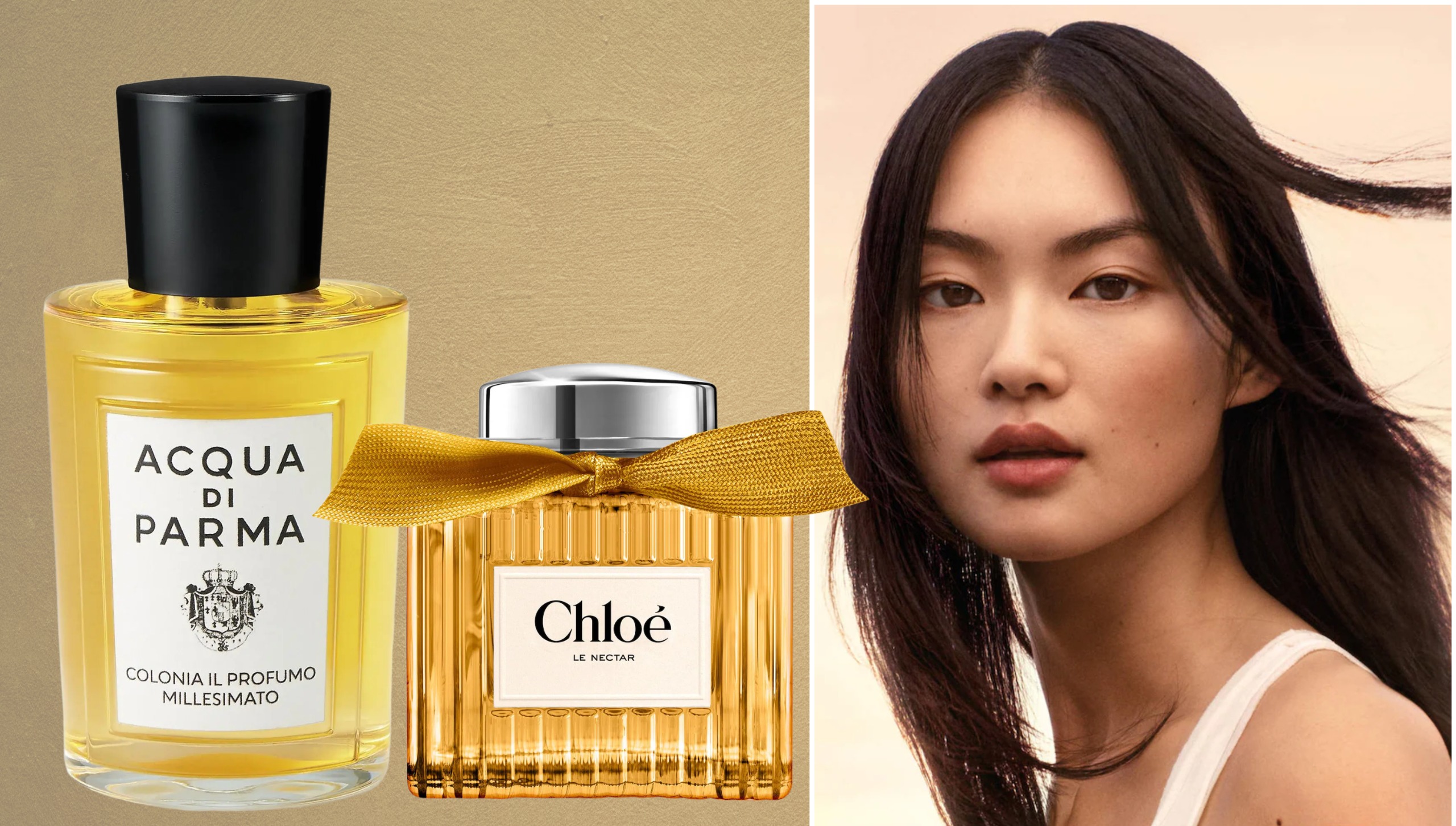 A collage of perfume favorites Chlo&eacute; Le Nectar, with a woman from the chloe ad