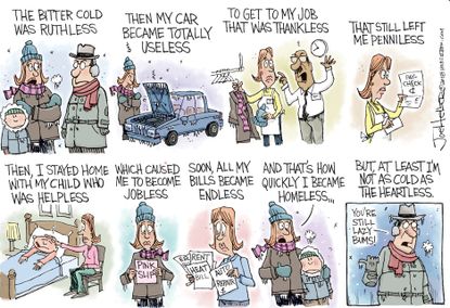 Political cartoon U.S. homeless winter weather